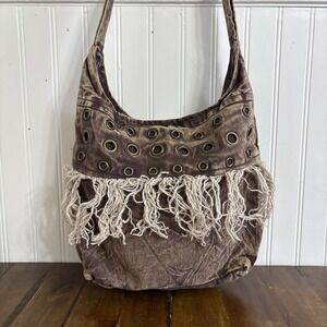 Earth Divas Fringe Hobo Shoulder Bag Brown Stonewashed Cotton Boho Hippie ~12x11